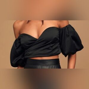 Lulu's  Hot In Here Black Off-The-Shoulder Puff Sleeve Crop Top Size M